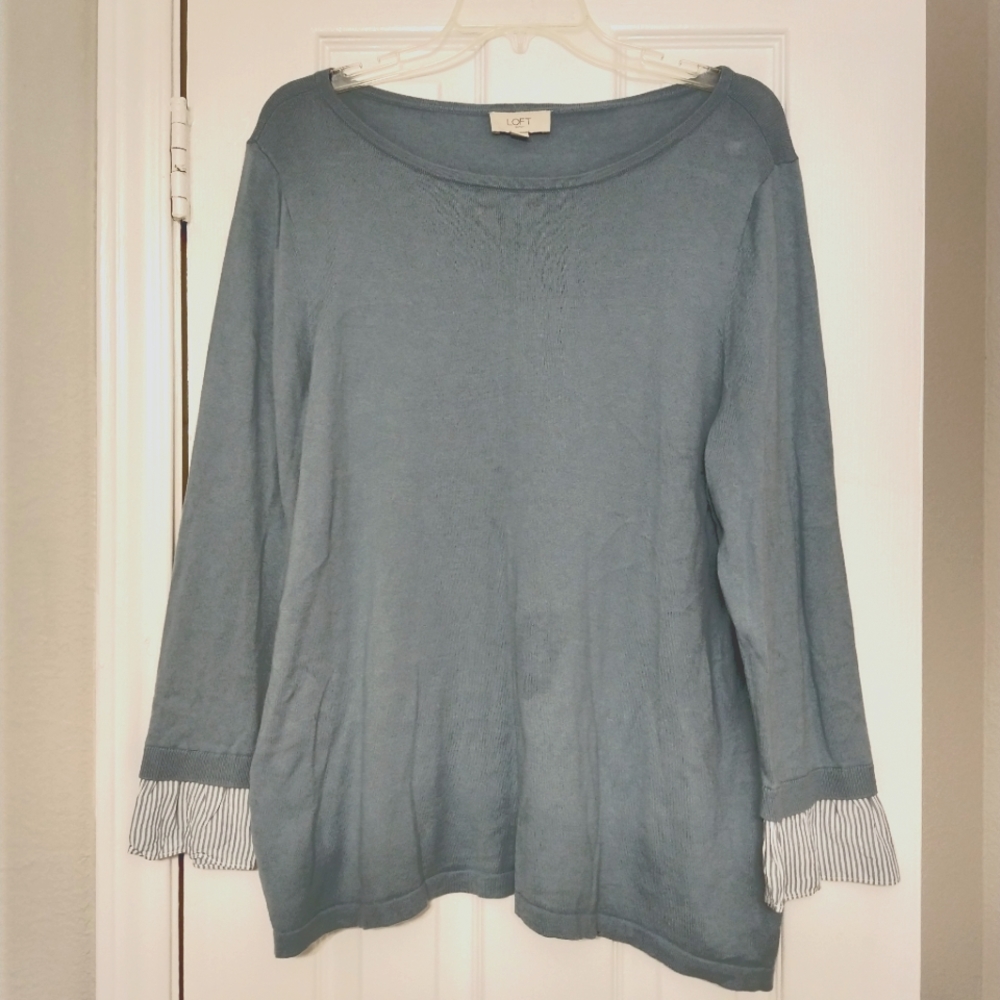 Light turquoise loft sweater with striped trim